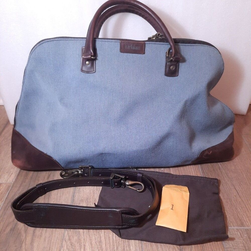 Vintage Hartmann LARGE blue Tweed leather Carry-On Overnight Luggage Tote Bag